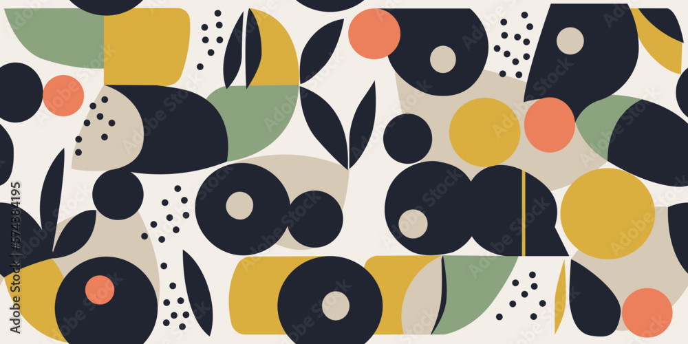 Poster pattern of circles, dots and petals. print for surfaces, packaging, interior design. seamless flower