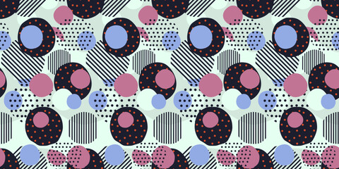 Circles striped, with dots, pink, black. Circles seamless vector pattern. Print for surfaces, packaging, interior design.