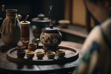 Obraz na płótnie Canvas Tea therapy and its Unique Bule and Cups: Exploring the Therapeutic Benefits of Infusing Tradition in Asia - Ai Generative