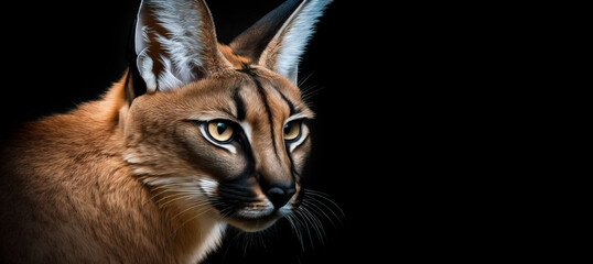Close up of a wild cat, Caracal wild cat portrait on black background.  Image created with generative ai, 