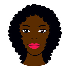 Twarz ładnej Afroamerykanki, portret kobiety o ciemnobrązowej skórze i pomalowanych ustach. Brązowe oczy, czarne loki. Buzia ciemnoskórej dziewczyny, rysunek wektorowy na białym tle,  ilustracja