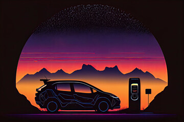 Fototapeta na wymiar EV Electric car silhouette with low battery charging at electric charge station