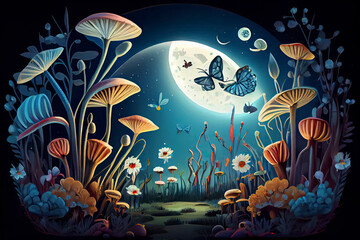 Fototapeta na wymiar fantastic wonderland landscape with mushrooms, lilies flowers, morpho butterflies and moon