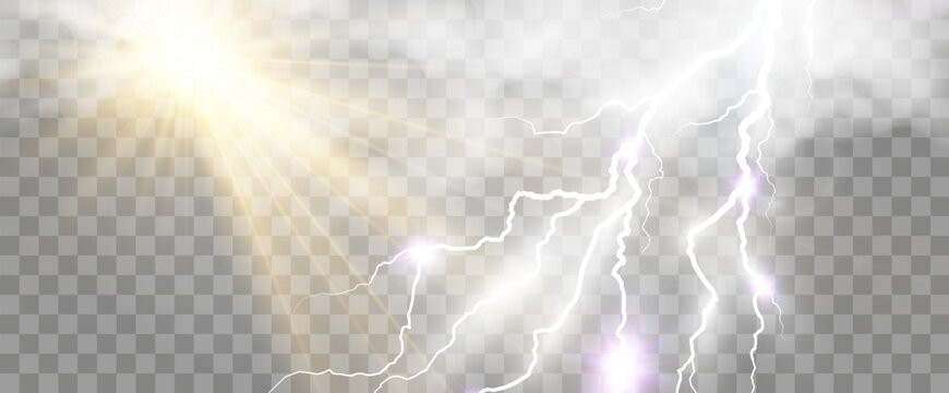 Climate vector drawing of the sun and lightning shining through the clouds.
