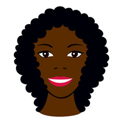 Portret uśmiechniętej ciemnoskórej kobiety o czarnych włosach. Głowa Afroamerykanki o brązowych oczach, różowych ustach i białych zębach. Rysunek wektorowy, ilustracja - obrazy, fototapety, plakaty