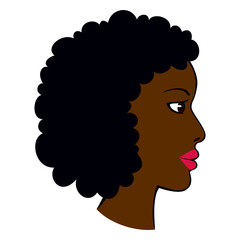 Profil dziewczyny o ciemnej skórze i brązowych oczach. Fryzura afro, makijaż. Głowa pięknej Afroamerykanki z pomalowanymi ustami. Rysunek wektorowy, ilustracja, awatar