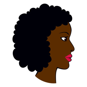 Profil dziewczyny o ciemnej sk&oacute;rze i brązowych oczach. Fryzura afro, makijaż. Głowa pięknej Afroamerykanki z pomalowanymi ustami. Rysunek wektorowy, ilustracja, awatar