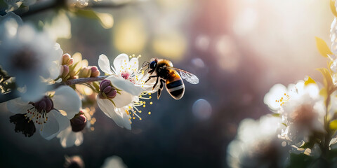 Spring Flowers in Full Bloom with a Bee in action. Blooming Flowers with amazing Bokeh and Featuring a Busy Bee at beautiful Sunrise. Ai generated art