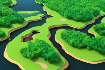 Surreal flying green island isolated on blue sky with mountain, river stream, waterfall. Abstract isometric fantasy floating island design background. Ecology, environment conservation. Generative AI