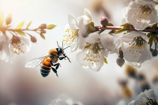 Spring Flowers in Full Bloom with a Bee in action. Blooming Flowers with amazing Bokeh and Featuring a Busy Bee at beautiful Sunrise. Ai generated art