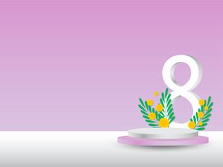 Women's Day poster for product demonstration. White lilac catwalk with mimosa and figure eight in the background. Vector illustration. 