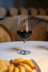 Tasting of rioja wines, visit of winery cellars with french or american oak barrels with agening red wine, Rioja wine making region, Spain