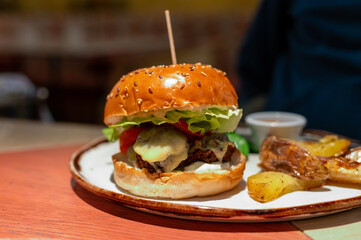 Organic vegetarian burger with plant based falafel balls, vegan cheese, green lettuce and baked potatoes
