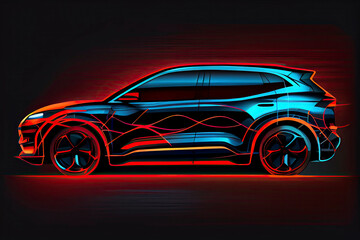 Obraz na płótnie Canvas Electric SUV car with charging station by sketch line blue and red colors isolated on black background