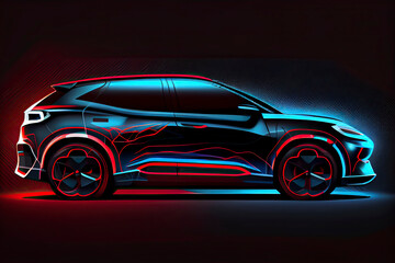 Electric SUV car with charging station by sketch line blue and red colors isolated on black background