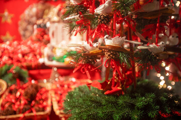 Detail of Christmas decoration ornaments in a Christmas market stall in Schönbrunn Palace, Vienna,...