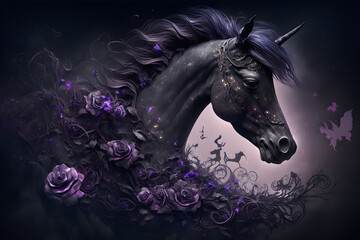 Naklejka na ściany i meble black unicorn with purple lights, Generative AI
