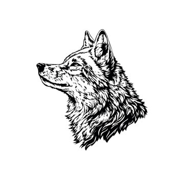 Vector black and white illustration of a wolf face on a white background