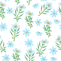 Seamless pattern with abstract flowers in blue colors, vector  background,  plants, botanical design for fashion, fabric