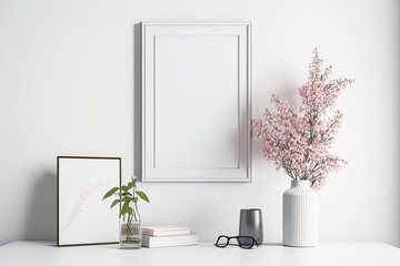 White frame mockup with pink flowers in a wooden desk table. Scandinavian style decoration, simple and basic setting. Mockup for displaying photos, images, artwork, printed materials. Generative AI.