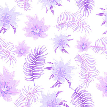 Vector tropical jungle seamless pattern with purple palm trees leaves and flowers, background for wedding, invitation cards,fabric