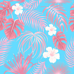 Fototapeta na wymiar Seamless pattern with red tropical palm leaves and flowers on white background. Floral decorative illustration vector, for print design