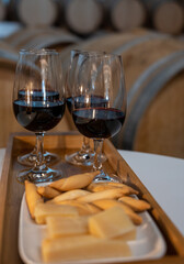 Rioja red dry wine tasting with traditional Spanish tapas during visit of winery in Rioja Alavesa wine production region, Spain