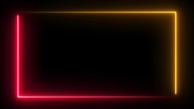 Abstract seamless looped neon frame animation background. Yellow red neon light line running on black. Glowing rectangle frame with empty space for logo or text