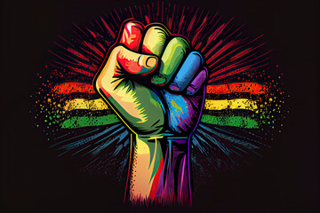 Rainbow colored hand with a fist raised up. Gay Pride. LGBT concept - obrazy, fototapety, plakaty