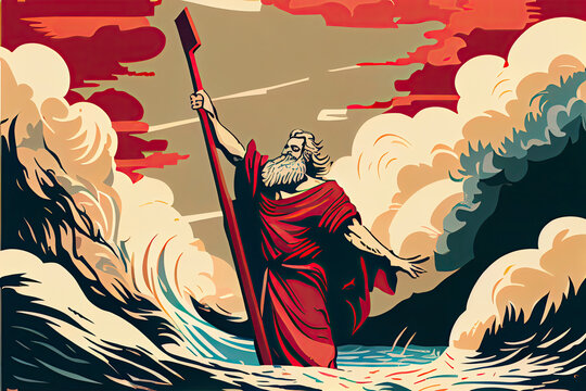 Biblical and religion vector illustration series, Moses held out his staff and the Red Sea was parted by God
