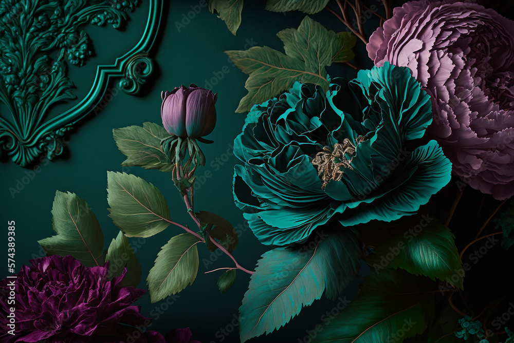 Wall mural a wallpaper vintage stylish opulent luxurious ornate with anthocyanin - malachite - inspired flowers