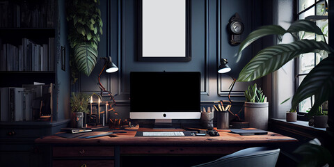 Mockup image of laptop with blank desktop screen on table in modern cafe with nature background, AI Generated