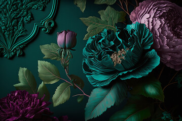 a wallpaper vintage stylish opulent luxurious ornate with anthocyanin - malachite - inspired flowers concept,generative ai.