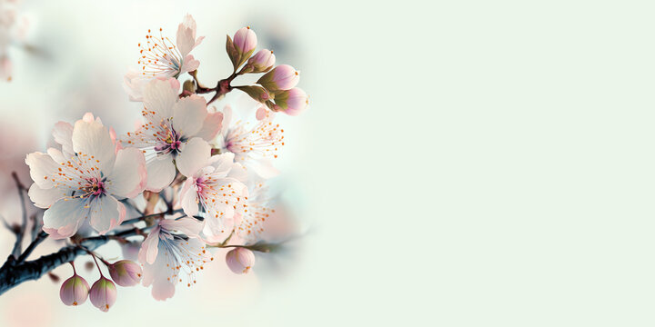 Flowering spring tree. Cherry, apple, sakura or almond pink flowers on blooming branch. Banner with place for text. Springtime greeting card. Generative AI.