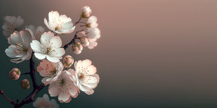 Branch of sakura flowers. Digital art style tender image, dark colors background. Banner with place for text. Springtime greeting card. Generative AI.