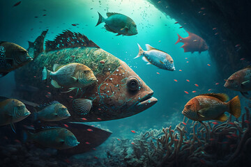 Naklejka na ściany i meble Colorful Tropical Fish Navigating the Underwater World AI Generative