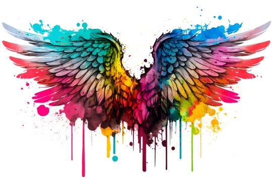 Watercolor Illustration of Grunge Style Bird Or Angel Wings With Paint and Ink Splatters And Drips, Rainbow Colors, Isolated On White Background. Made in Part with Generative AI
