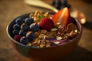 Healthy and Delicious Breakfast Bowl with red fruits seeds and cereals AI Generative