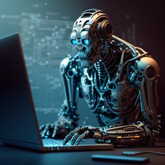 Робот будущее печатает на компьютере