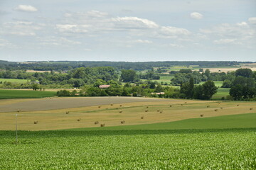 Obraz premium Champ parsemé de ballots de foin près du bourg de Goût-Rossignol au Périgord Vert 