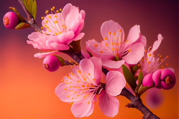 Pink Peach Flowers Blooming on Peach Tree in Background, AI Generated