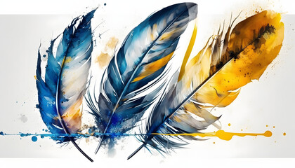 watercolor feathers blue and yellow color isolated on white background