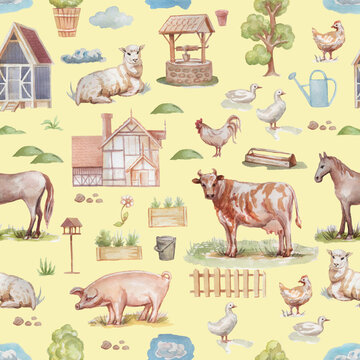 Domestic animals farm cow sheep horse chicken rooster watercolor illustration hand drawn big set isolated on white background