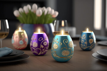  Stylish Easter egg candles can be found on a desk or table, Generative Ai