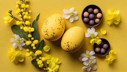 Easter eggs on yellow  background new quality universal colorful technology stock image illustration design, generative ai