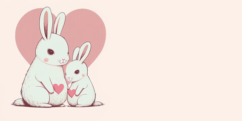 Fototapeta premium Two white bunnies - mother rabbit and little bunny on light background with red hearts. Cartoon style drawing cute animals. Banner with place for text. Mother's Day greeting card. Generative AI.