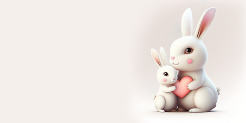 Fototapeta premium Two white rabbits - mother hare and baby bunny on light background with red hearts. Cartoon style drawing cute animals. Banner with place for text. Mother's Day greeting card. Generative AI.