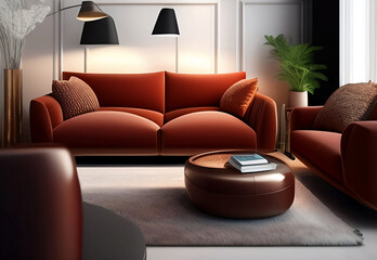 modern living room interior, light brown coloration. generative AI.