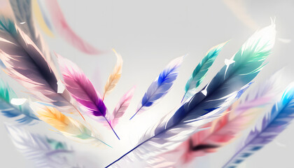 Beautiful prismatic feather background, random multicolored angelic pastel tinted blue feather background - small fluffy blue feathers randomly scattered forming a background