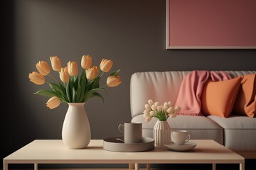 Minimalistic living room interior design with tulips in a vase on the coffee table and pleasant color accents.